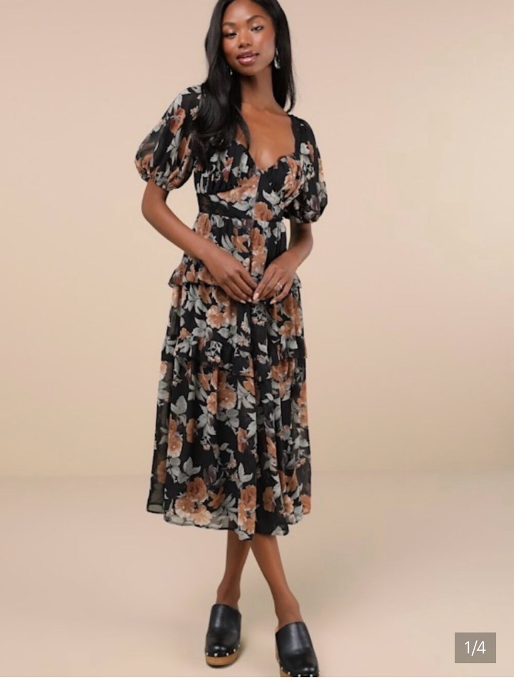 Lulu's Black Floral Puff-Sleeve Midi Dress with Brown Blossoms